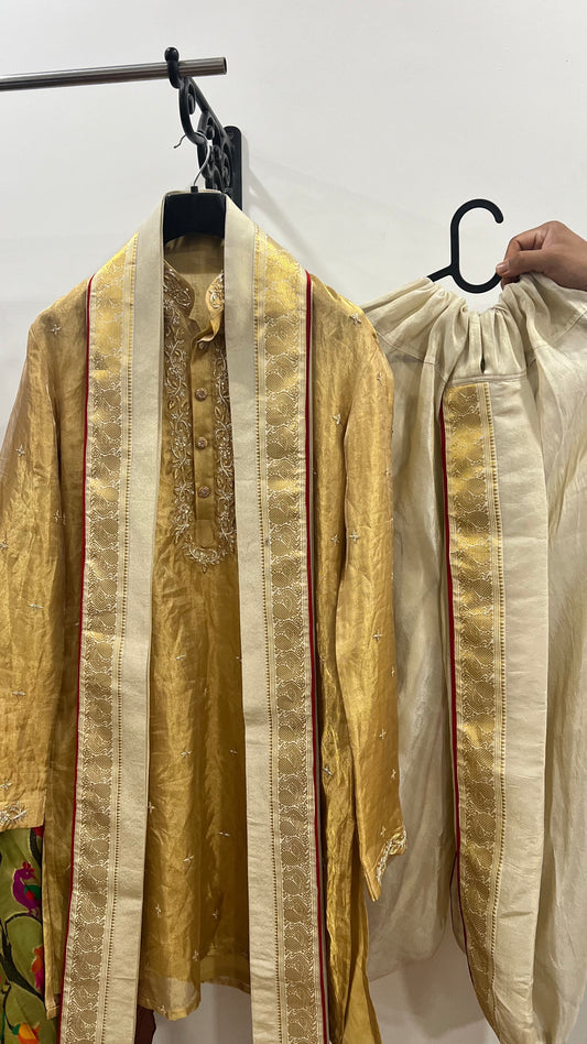 Golden Tissue Kurta with Dhoti & Kanduva Set