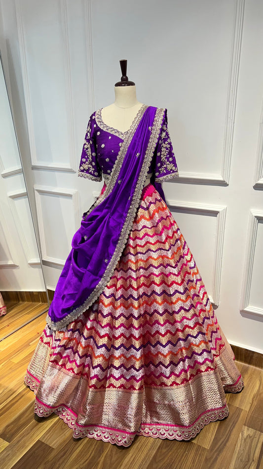 Handwoven Rangkat Banarasi Lehenga with Chanderi Silk Handwork Dupatta