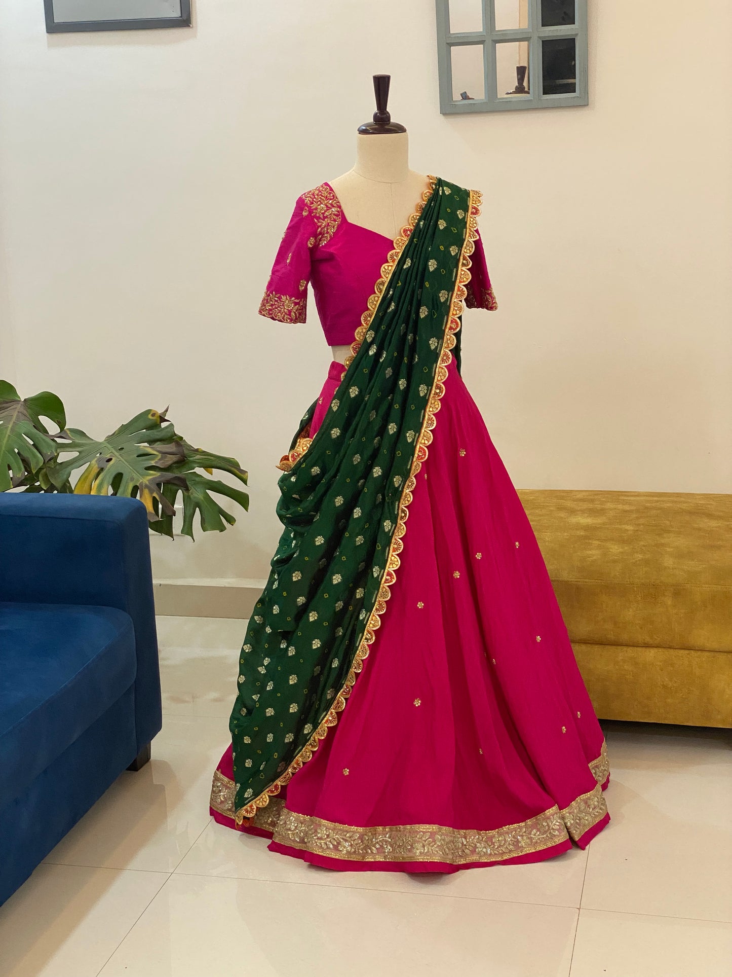 Falling Raw Silk Lehenga with Maggam Work and Contrasting Dupatta