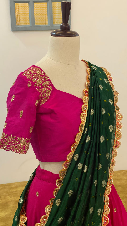 Falling Raw Silk Lehenga with Maggam Work and Contrasting Dupatta