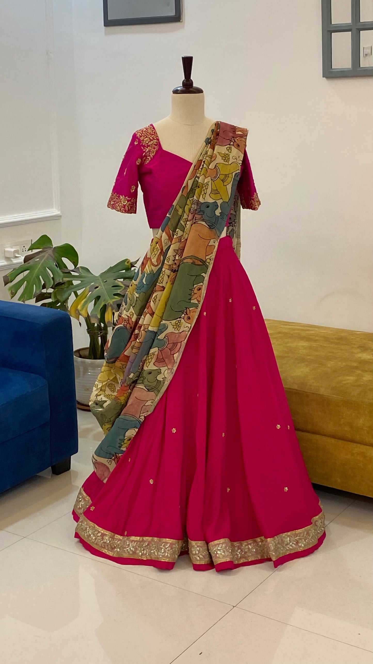 Falling Raw Silk Lehenga with Maggam Work and Contrasting Dupatta