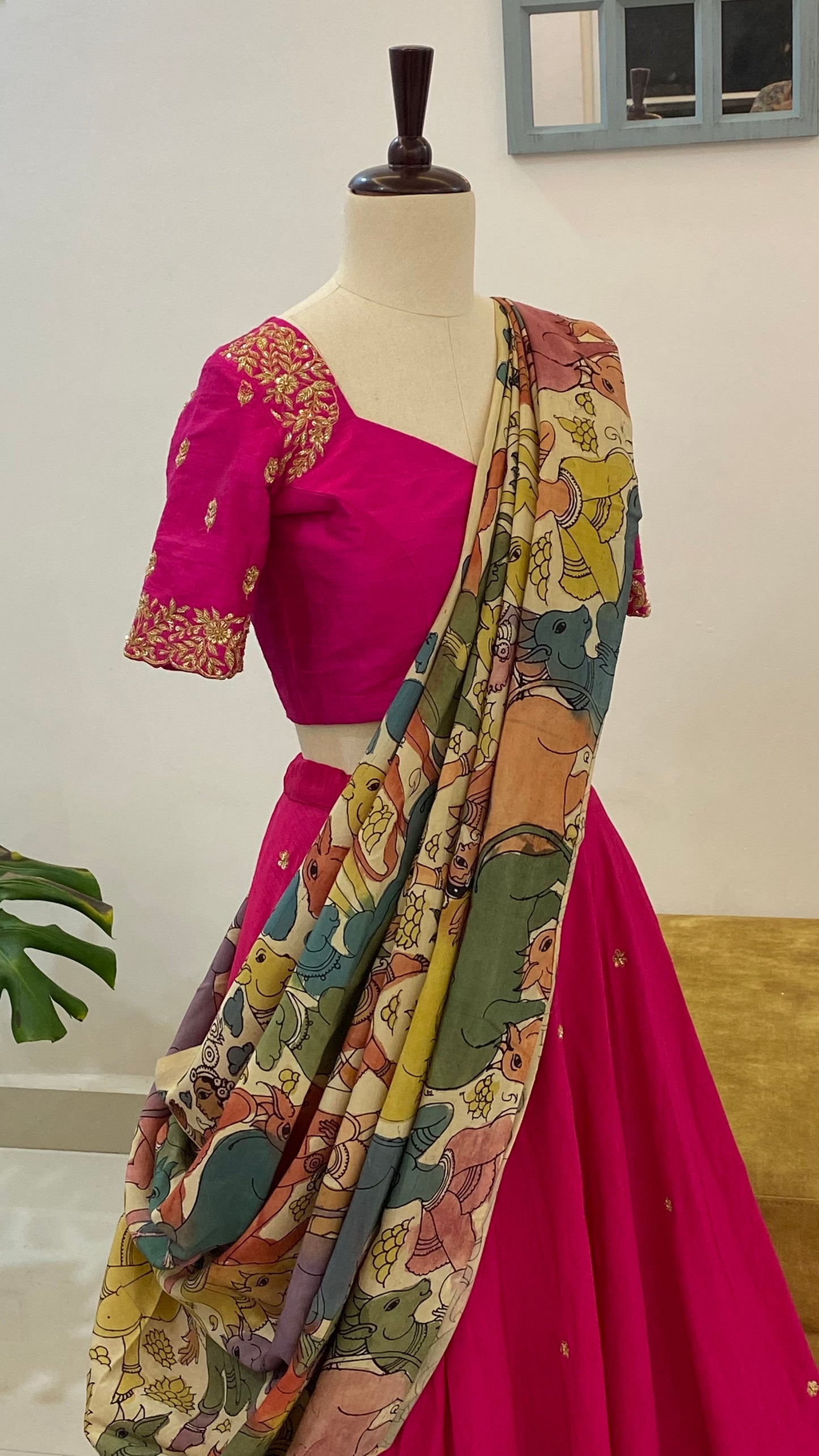 Falling Raw Silk Lehenga with Maggam Work and Contrasting Dupatta