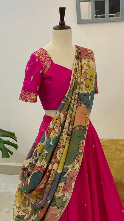 Falling Raw Silk Lehenga with Maggam Work and Contrasting Dupatta