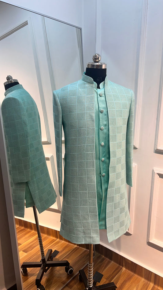 RawSilk Open Sherwani With Self Detail Work