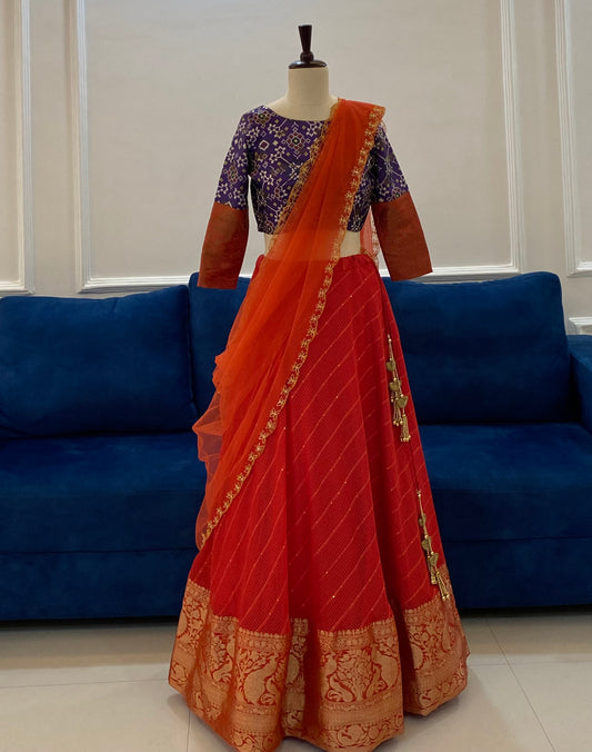 Silk Patola Blouse & Banarasi Border Lehenga Set with Maggam Work Net Dupatta