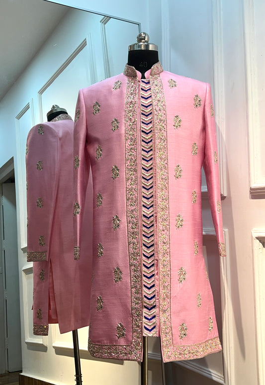 Pink Raw Silk Open Sherwani with Handwork & Embellished Jacket With 
pants