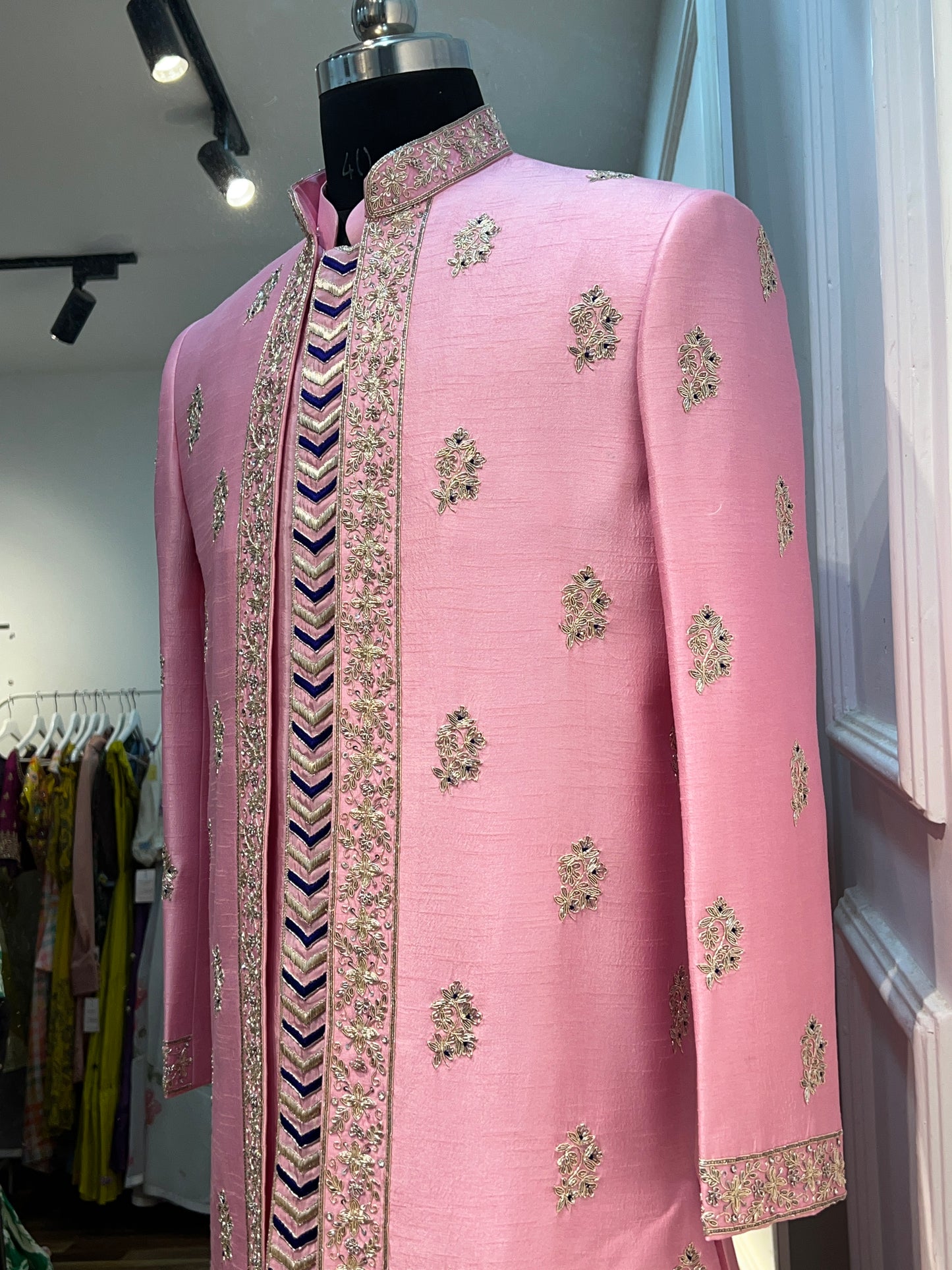 Pink Raw Silk Open Sherwani with Handwork & Embellished Jacket With 
pants