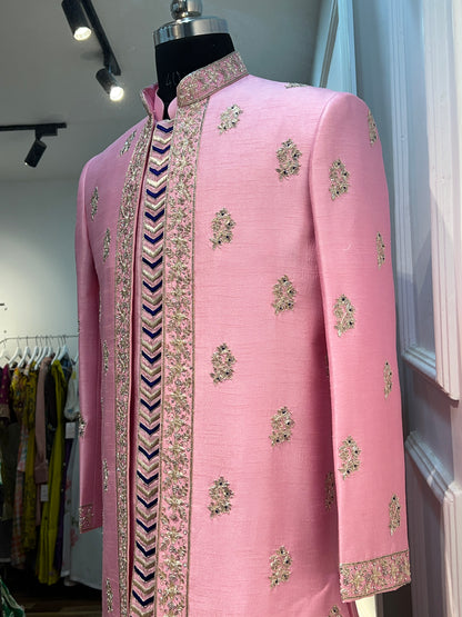 Pink Raw Silk Open Sherwani with Handwork & Embellished Jacket With 
pants