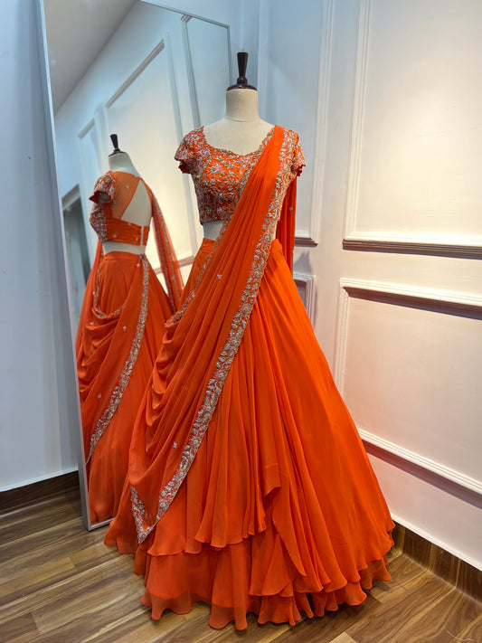 Hand Embroidered Pre-Draped Half Saree in Pure Georgette