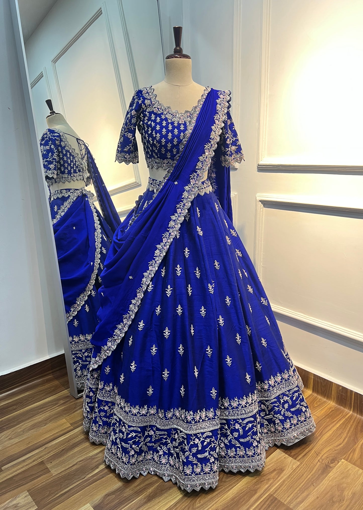 Royal Blue Hand Embroidered Raw Silk Lehenga Set with Hand-Embroidered Chanderi Dupatta