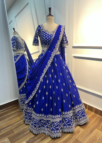 Royal Blue Hand Embroidered Raw Silk Lehenga Set with Hand-Embroidered Chanderi Dupatta