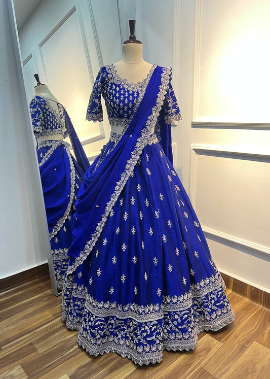 Royal Blue Hand Embroidered Raw Silk Lehenga Set with Hand-Embroidered Chanderi Dupatta