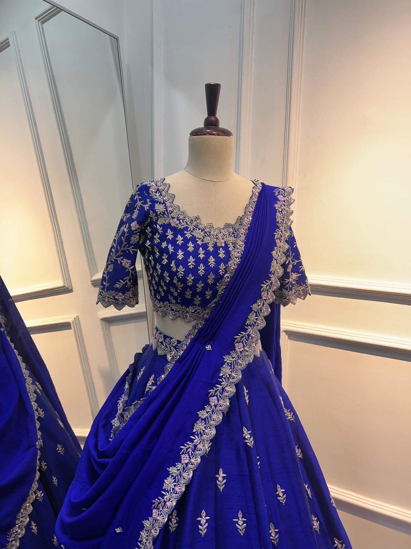Royal Blue Hand Embroidered Raw Silk Lehenga Set with Hand-Embroidered Chanderi Dupatta