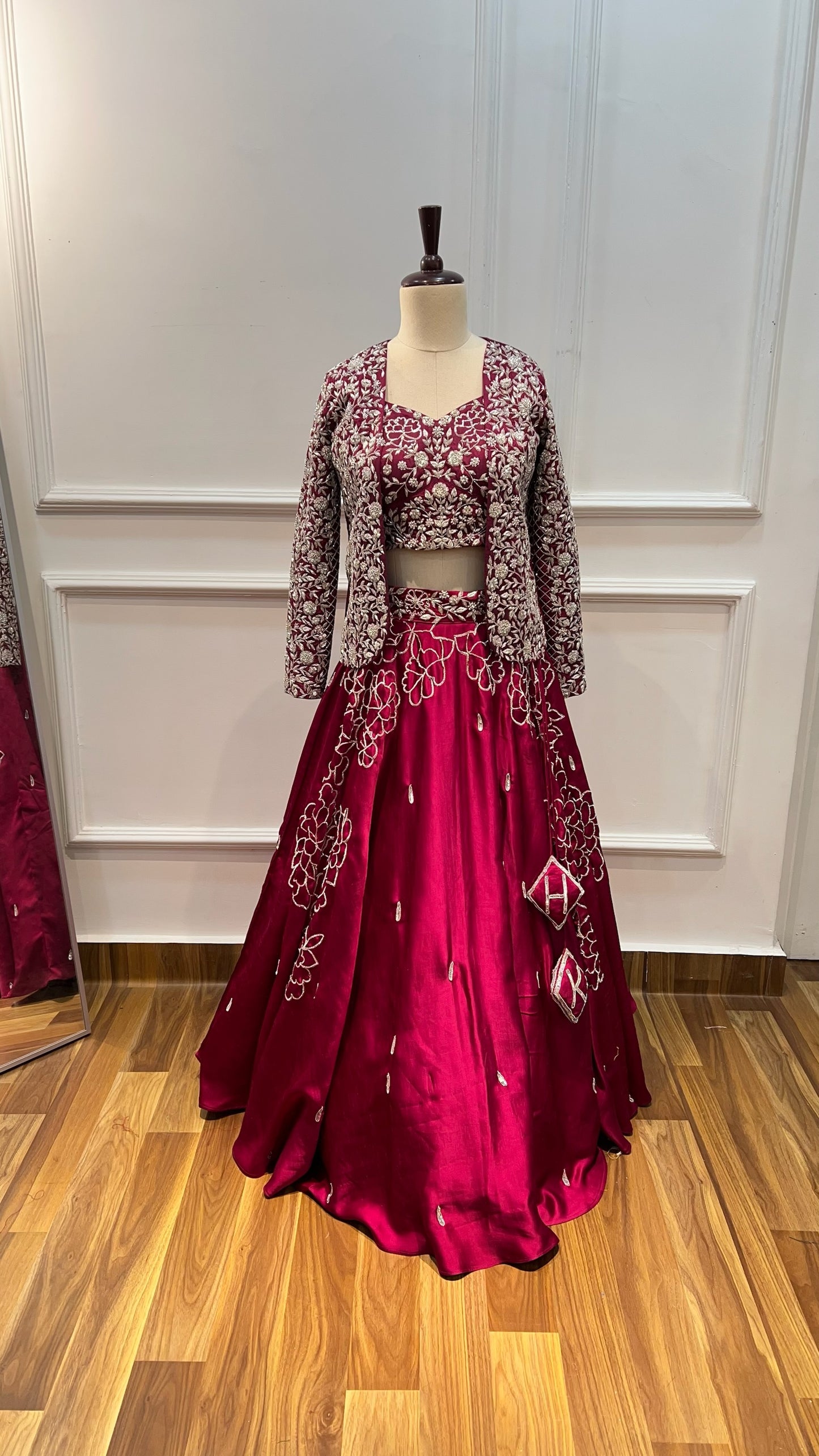 Elegant Hand-Embroidered Jacket Paired with Crop Top Lehenga