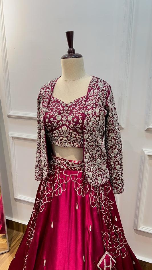 Elegant Hand-Embroidered Jacket Paired with Crop Top Lehenga