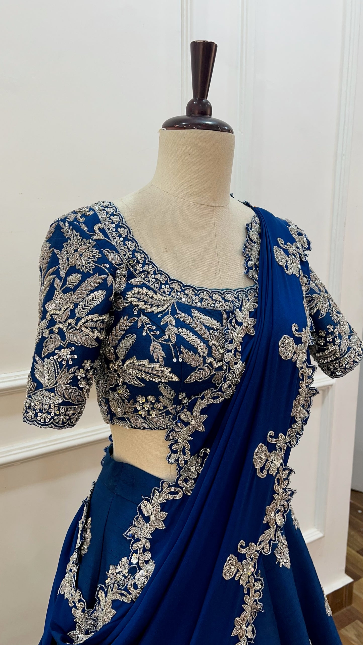Blue hand embroidered raw silk lehenga