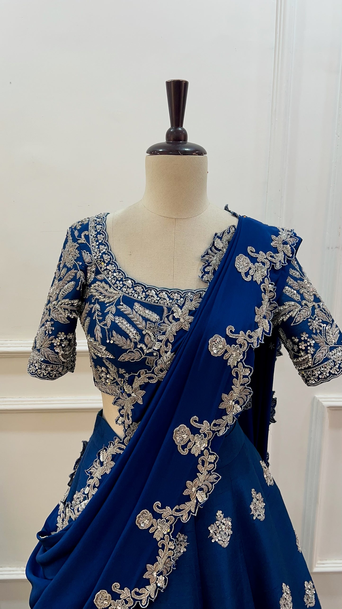 Blue hand embroidered raw silk lehenga