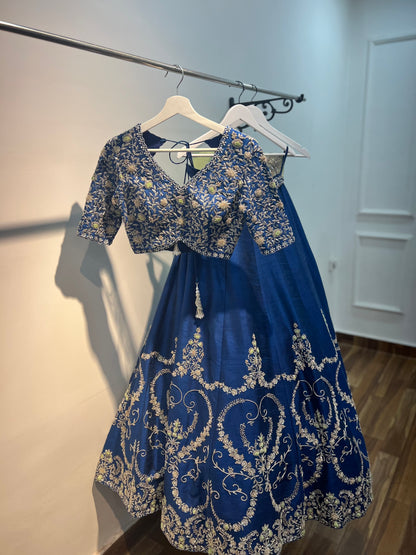Navy Blue Raw Silk Lehenga with hand embroidered blouse and pastel Green Dupatta