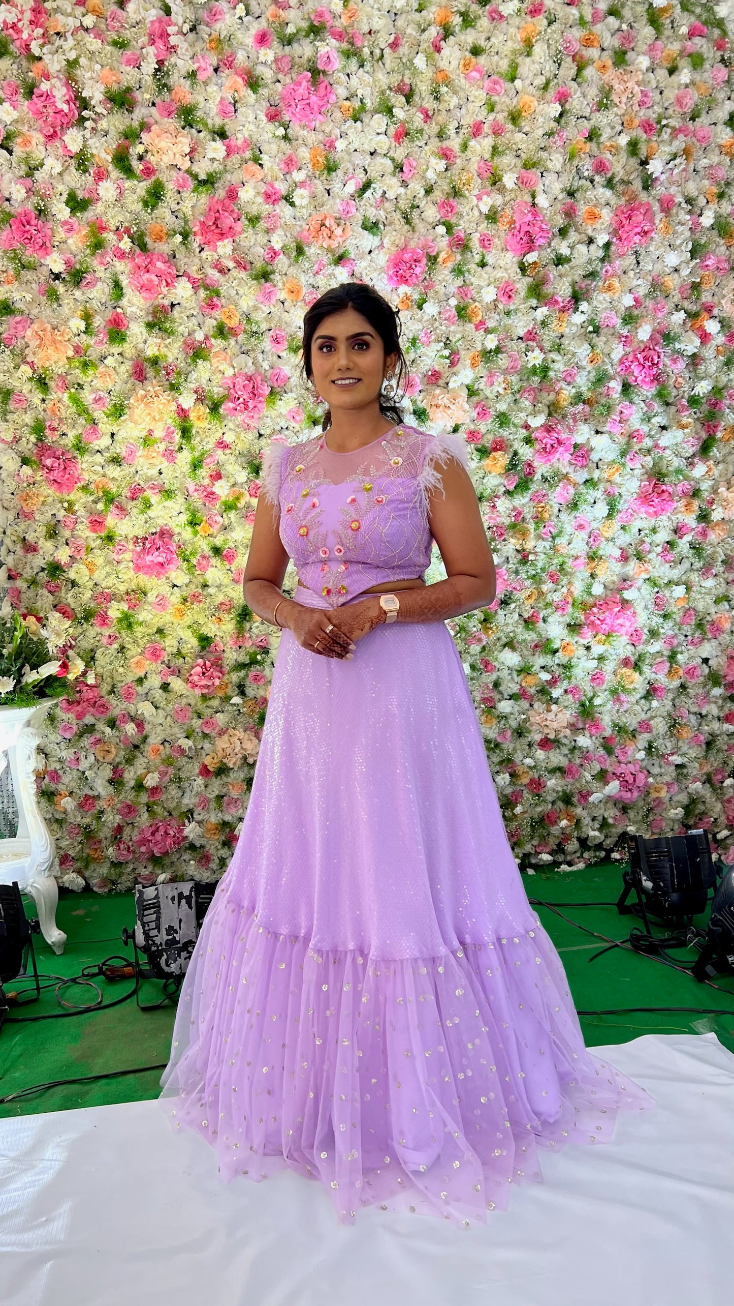 Sequence lehenga with hand embroidery on yoke and feather sleeves