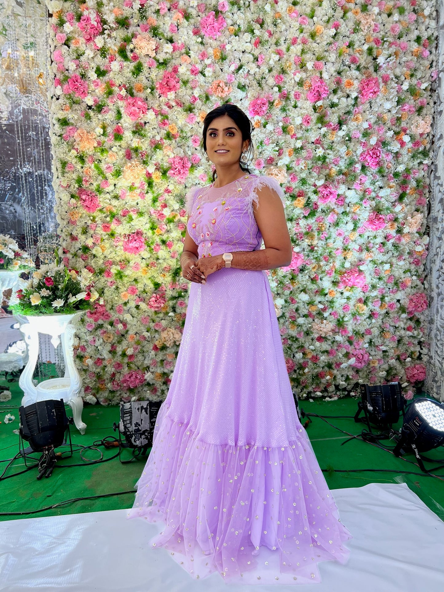 Sequence lehenga with hand embroidery on yoke and feather sleeves