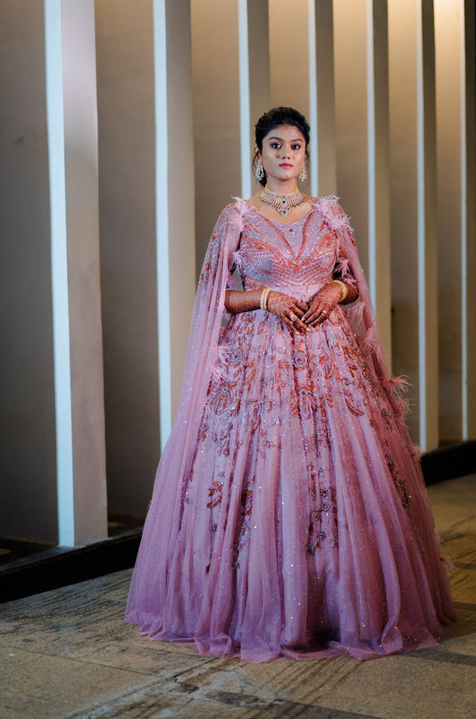 Onion Pink long gown embellished with hand embroidery