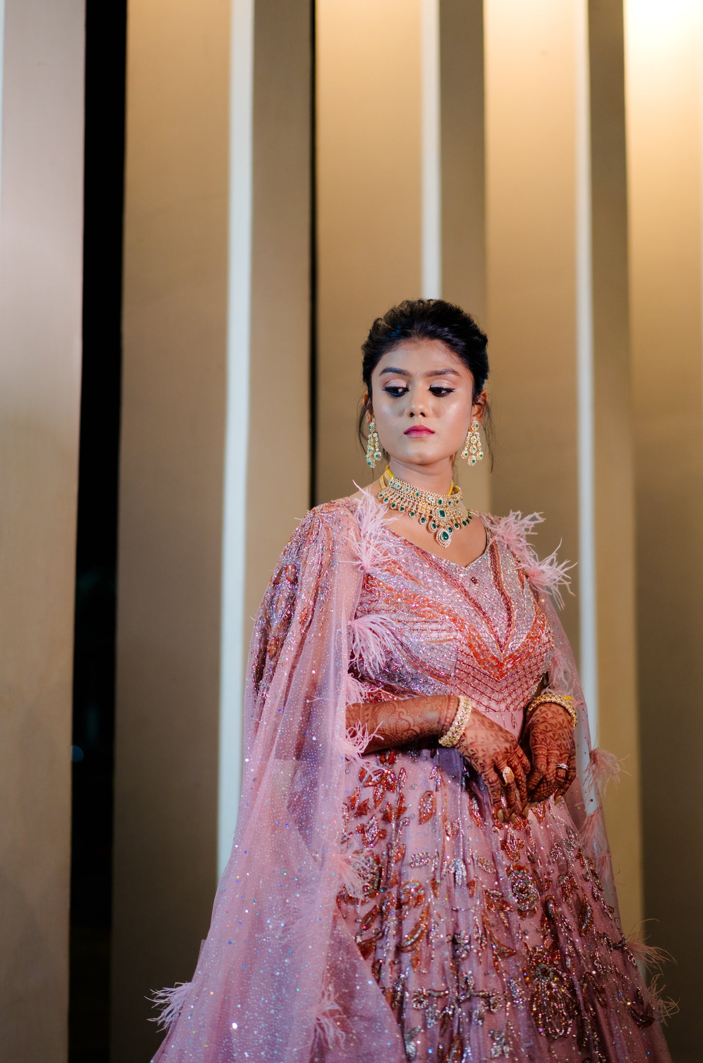 Onion Pink long gown embellished with hand embroidery