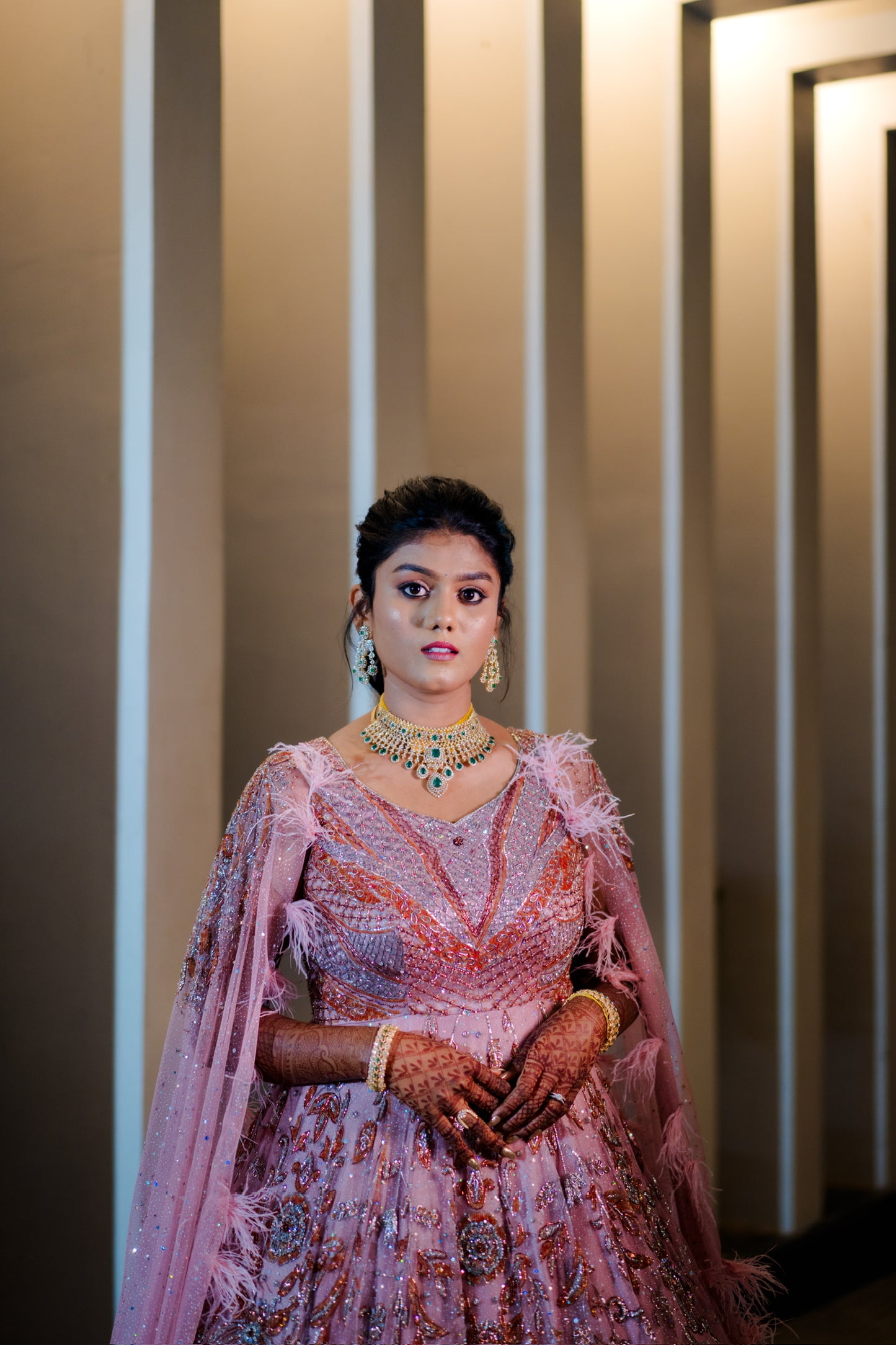 Onion Pink long gown embellished with hand embroidery
