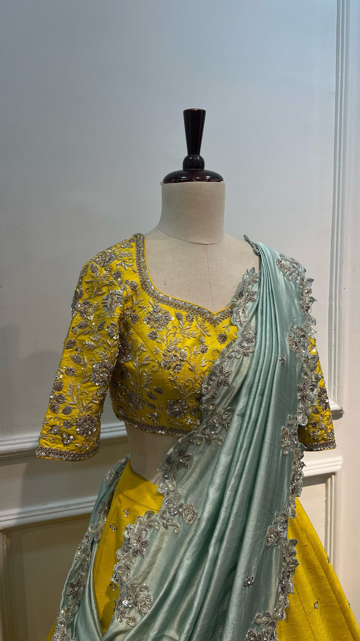 Greenish Yellow Raw Silk Lehenga