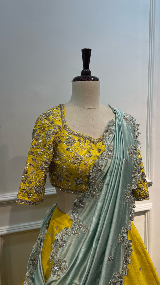 Greenish Yellow Raw Silk Lehenga