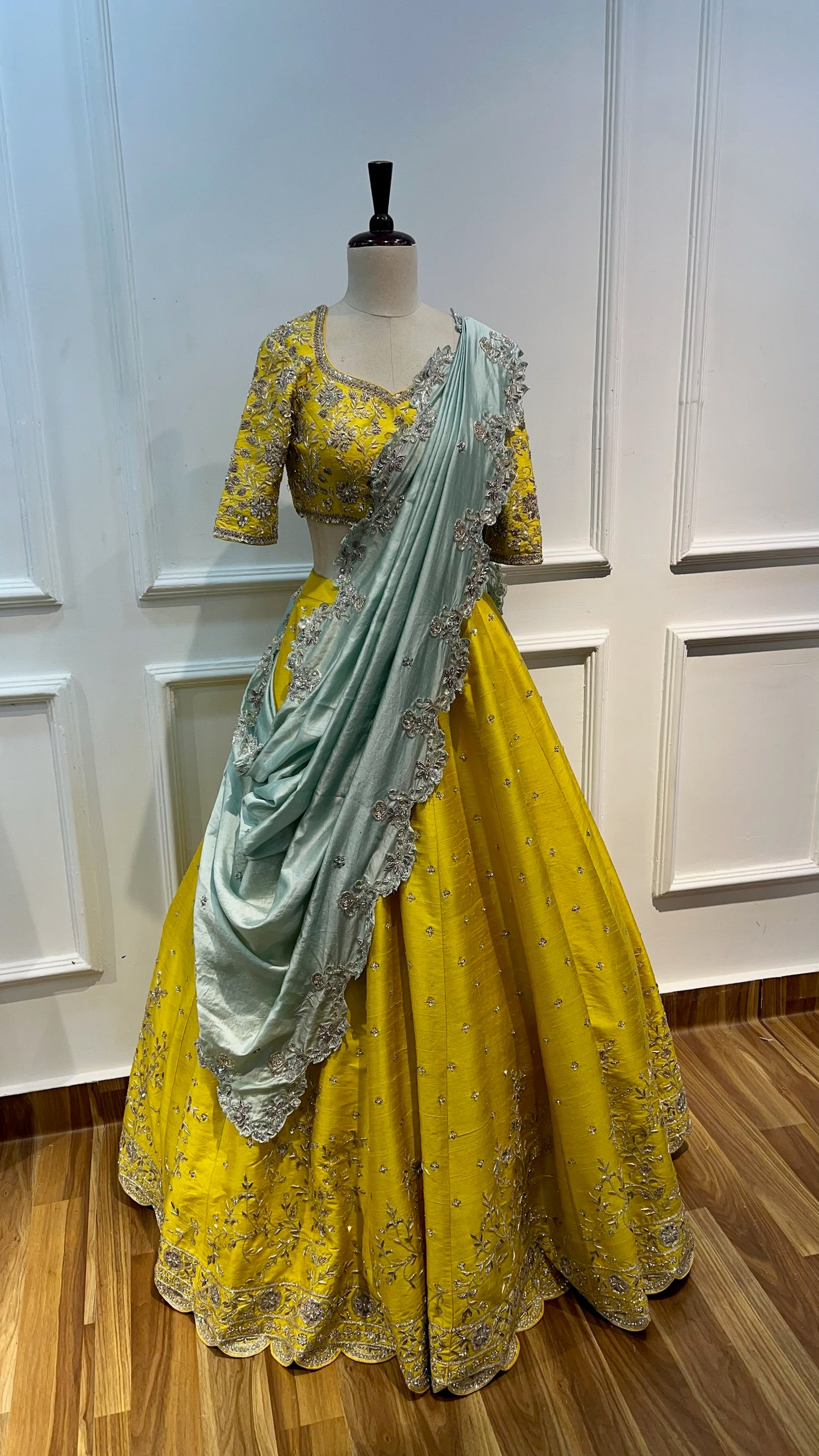 Greenish Yellow Raw Silk Lehenga