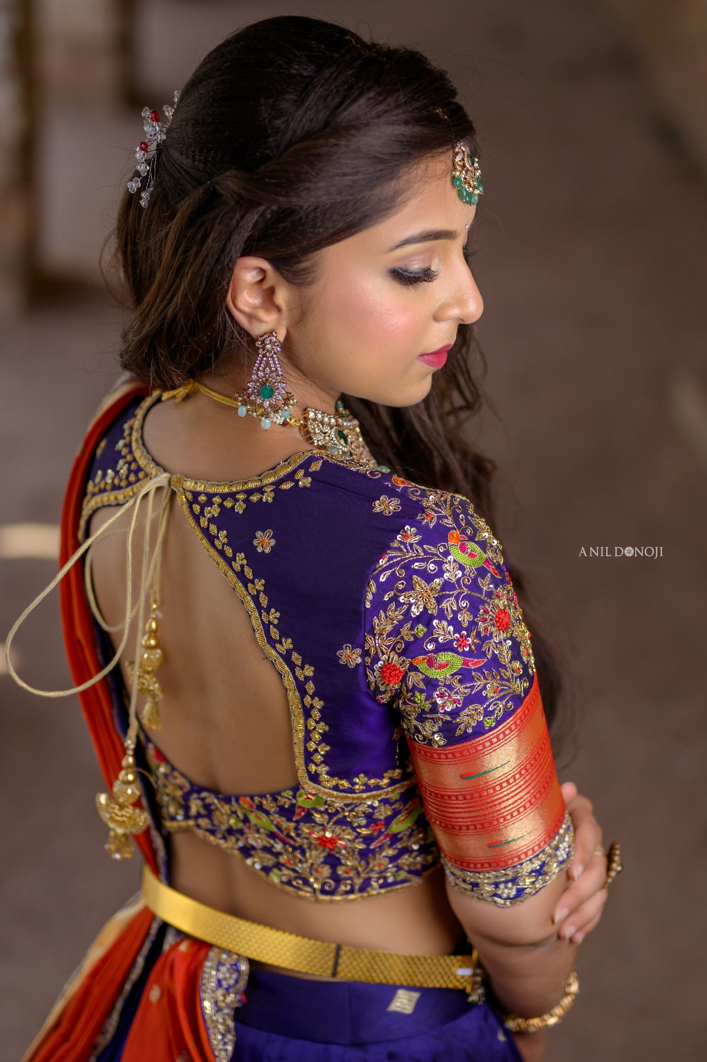 Blue Paithani Lehenga with hand embroidered blouse and Orange Pattu Dupatta