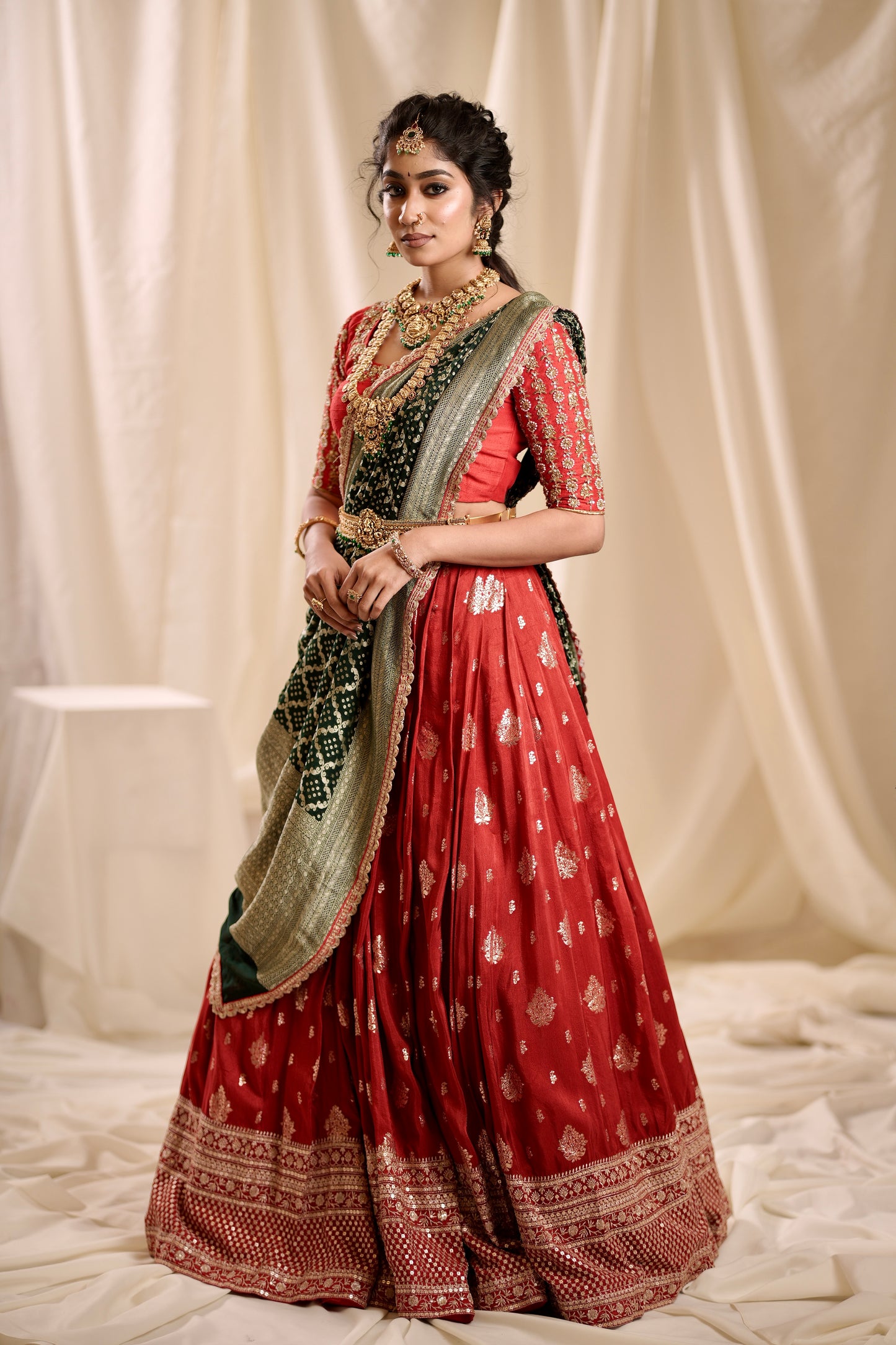 Red Banarasi Lehenga with Green Dupatta