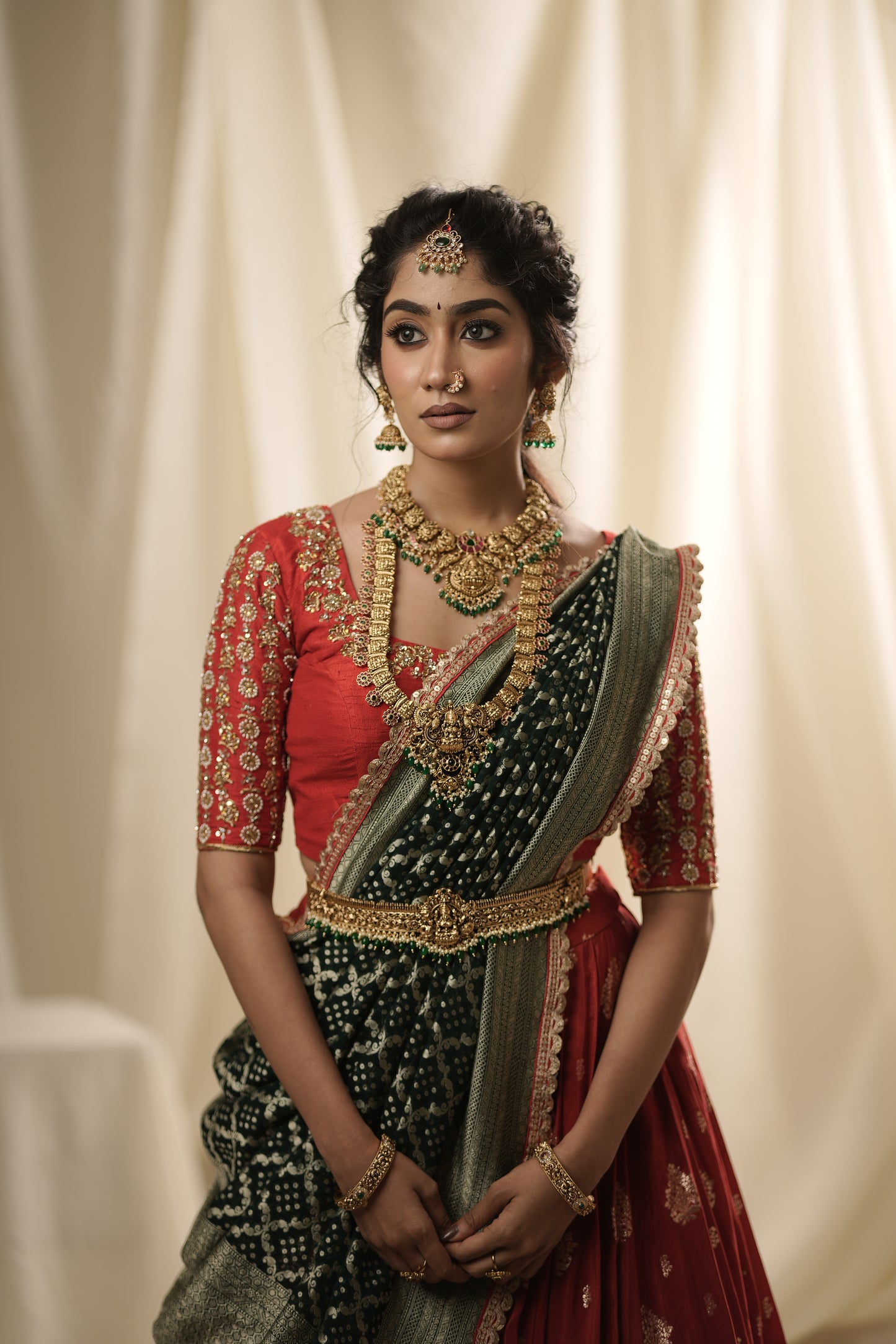 Red Banarasi Lehenga with Green Dupatta