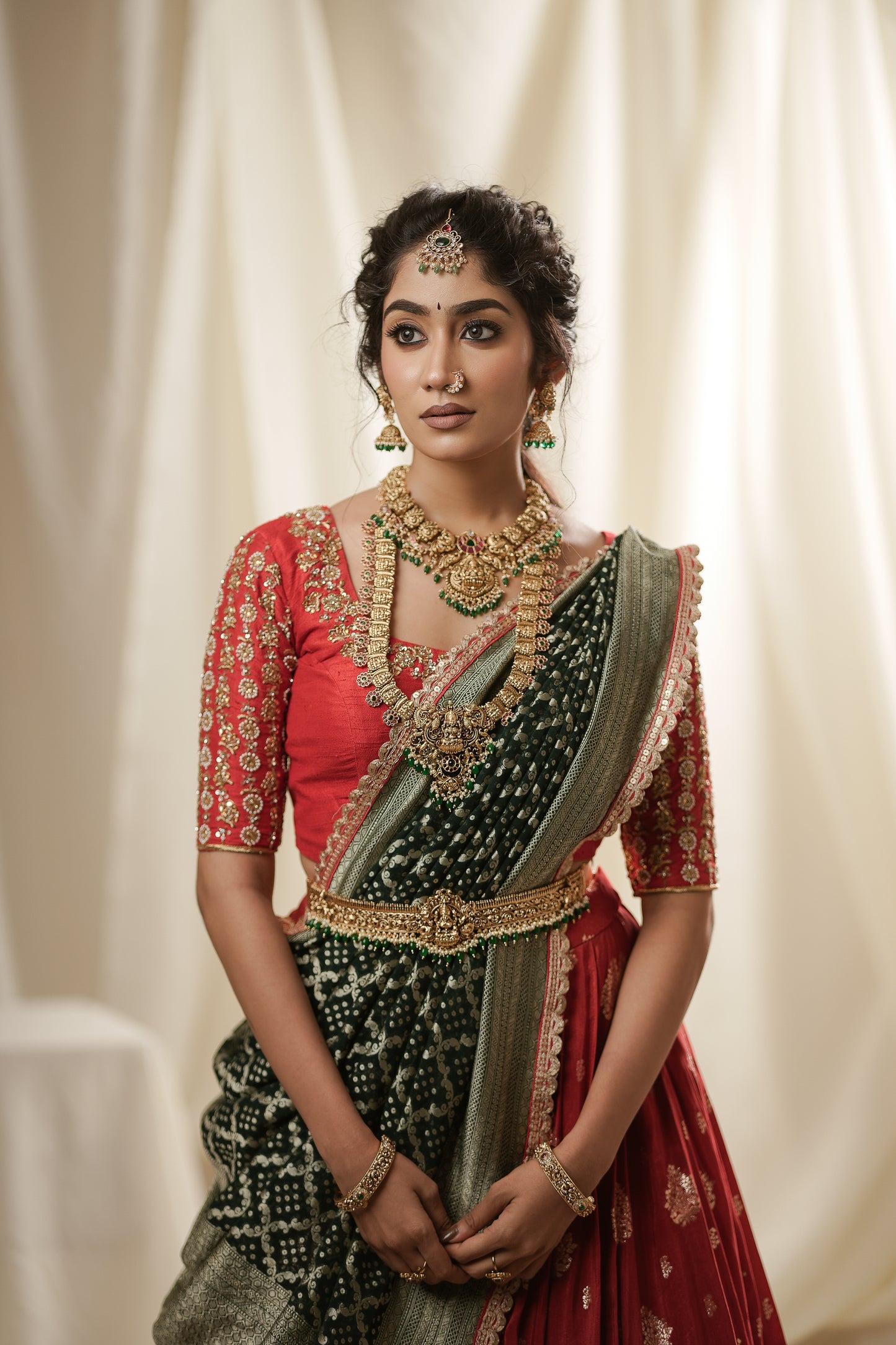Red Banarasi Lehenga with Green Dupatta