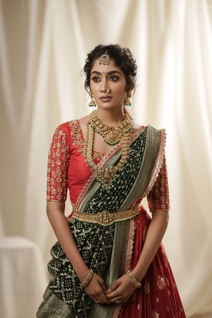 Red Banarasi Lehenga with Green Dupatta