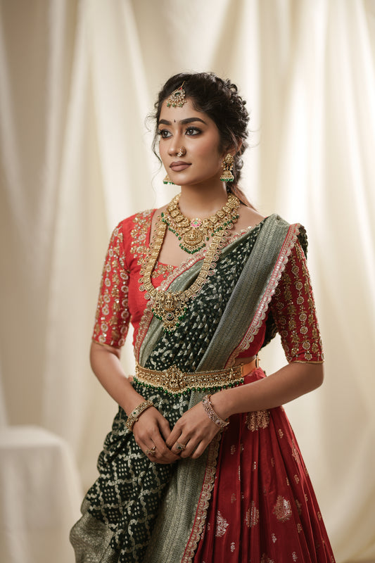 Red Banarasi Lehenga with Green Dupatta