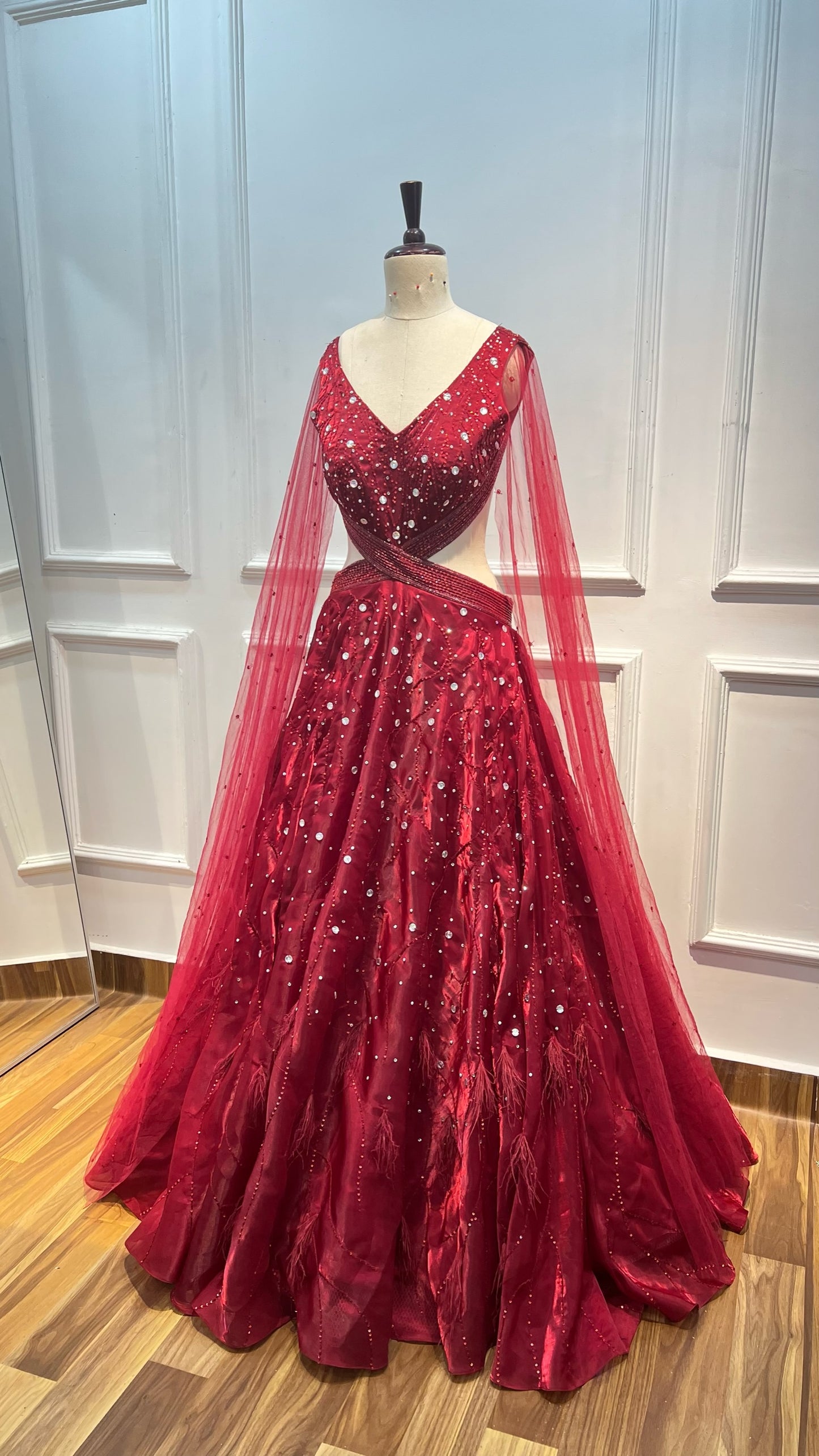 Silk Organza Long Gown with Crystal and Bead Embroidery and Side Cuts