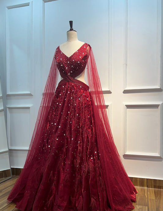Silk Organza Long Gown with Crystal and Bead Embroidery and Side Cuts