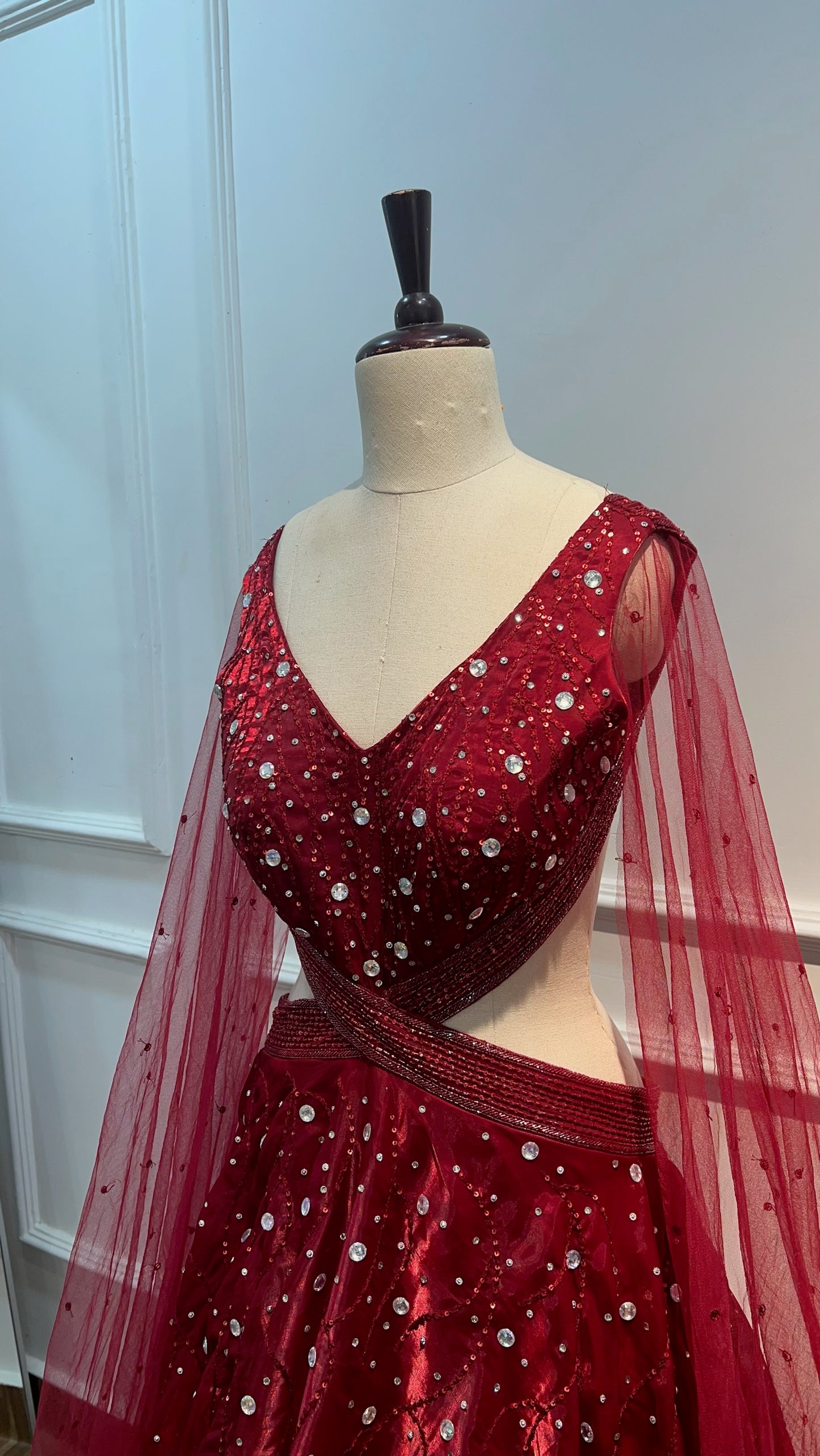 Silk Organza Long Gown with Crystal and Bead Embroidery and Side Cuts