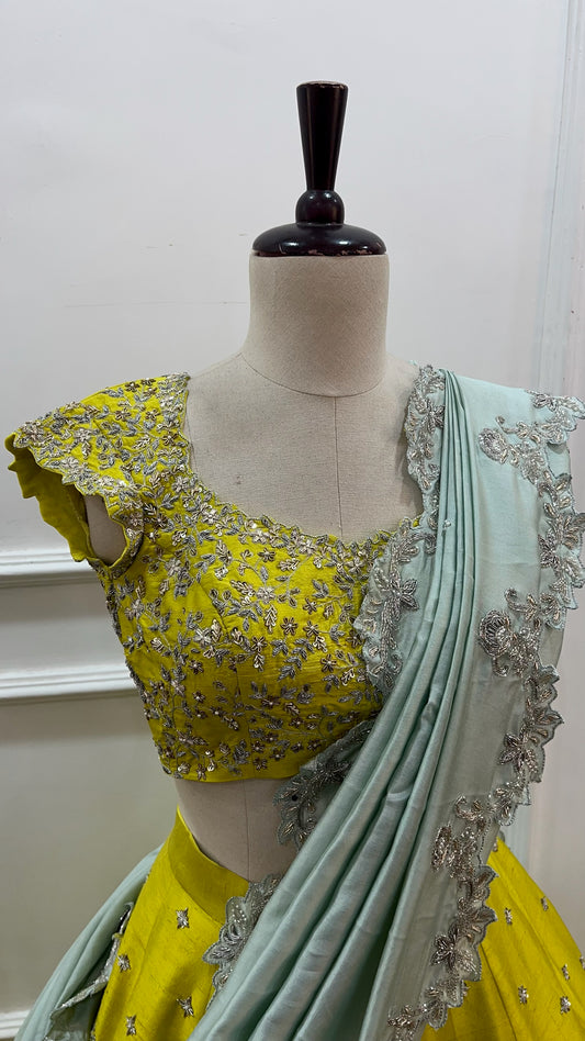 Greenish Yellow Raw Silk Lehenga