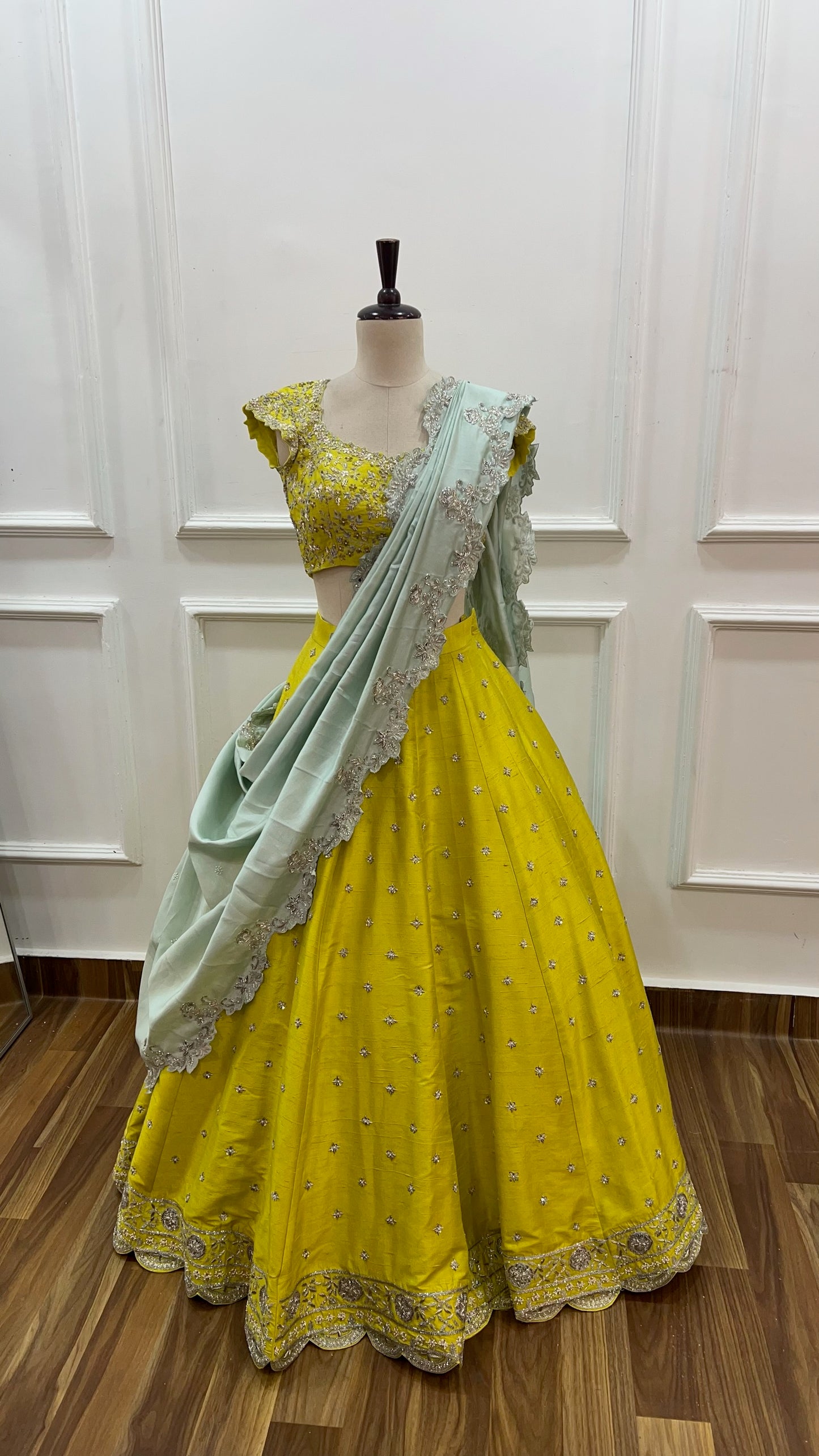 Greenish Yellow Raw Silk Lehenga