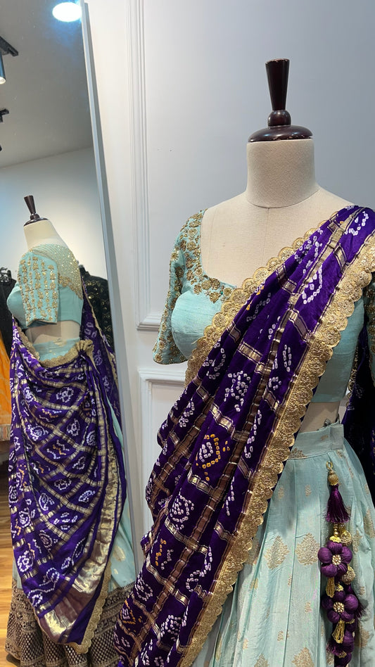 Sea Green and Violet Banarasi Lehenga