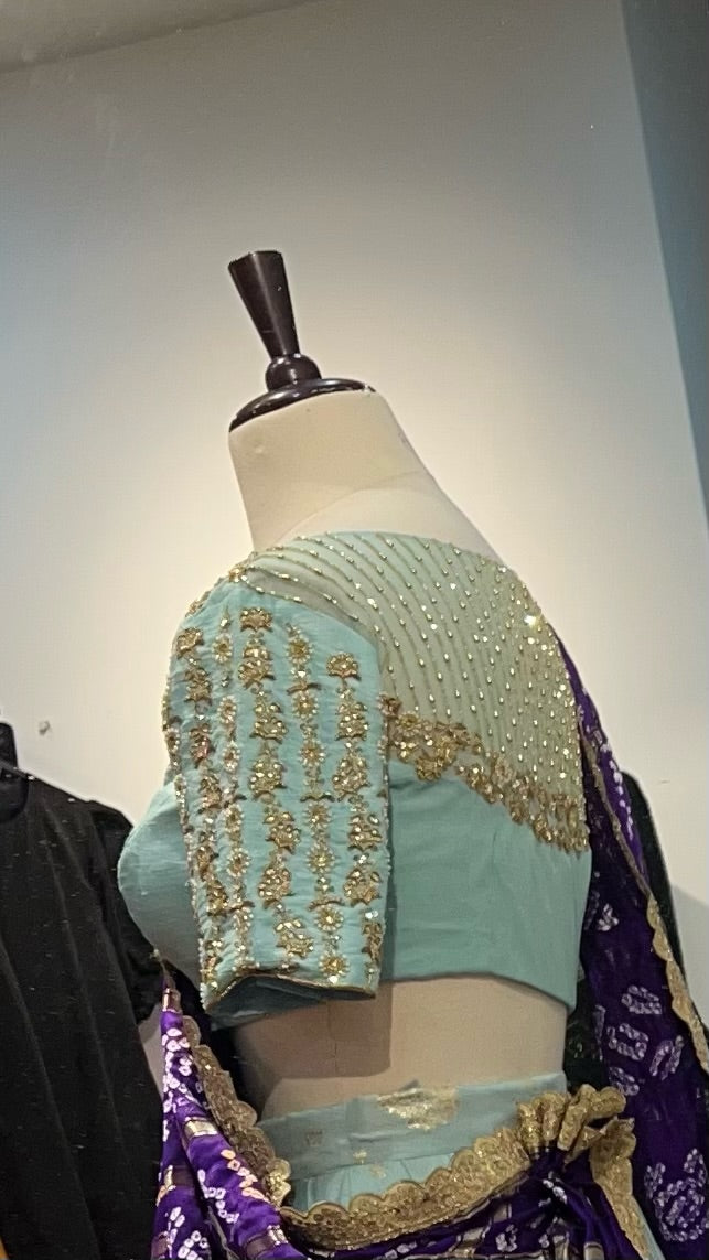Sea Green and Violet Banarasi Lehenga