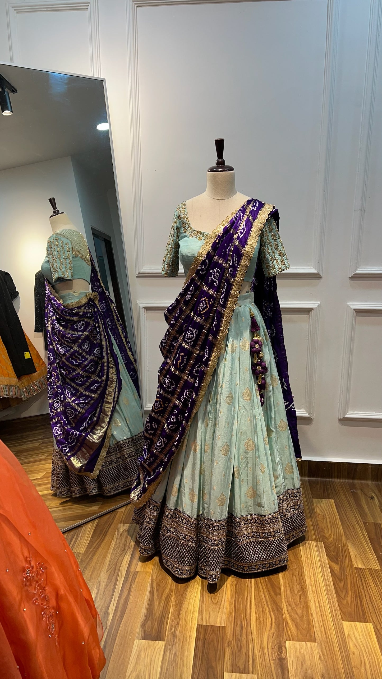 Sea Green and Violet Banarasi Lehenga