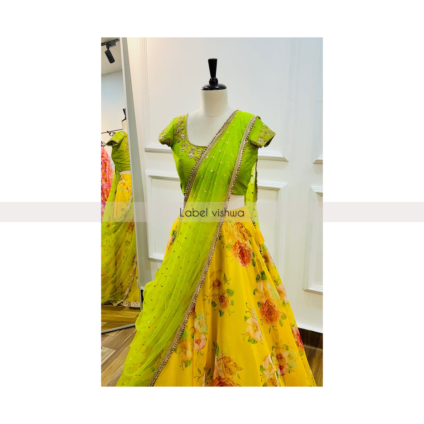 Floral Print Lehenga with Embroidered Raw Silk Blouse & Net Dupatta