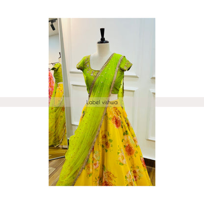 Floral Print Lehenga with Embroidered Raw Silk Blouse & Net Dupatta