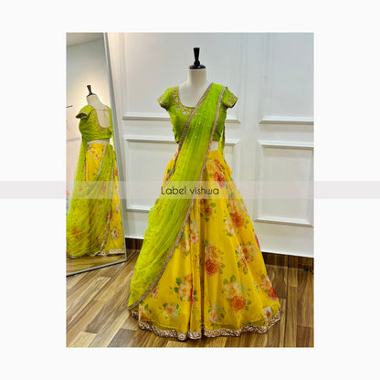 Floral Print Lehenga with Embroidered Raw Silk Blouse & Net Dupatta