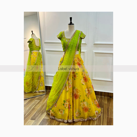 Floral Print Lehenga with Embroidered Raw Silk Blouse & Net Dupatta