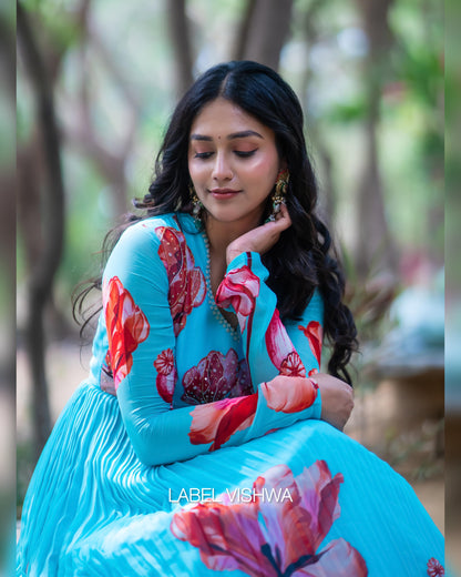 Hand Embroidered Georgette Long Frock with Floral Print
