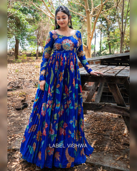 Floral Georgette Long Frock with Hand Embroidered Yoke